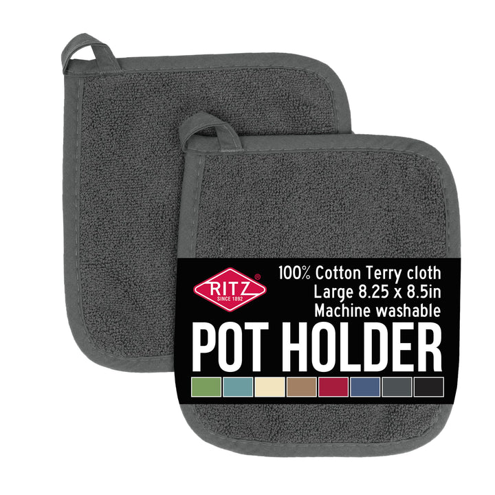 Ritz Terry 100% Cotton Potholders - Heat Resistant, Ergonomic Grip, Machine Washable - Graphite, 2-Pack Pot Holder -- 2 pk