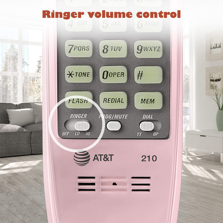 AT&T TRIMLINE 210 Corded Home Phone, No AC Power Required, Improved Easy-wall-mount, Lighted Big Button Keypad, 13 SpeedDial Keys, Last Number Redial, Mute, Flash, Volume Control, Princess Phone, PINK