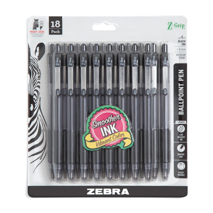 Zebra Pen Z-Grip Retractable Ballpoint Pen, Medium Point, Black Ink, 18-Pack, Model Number: 22218