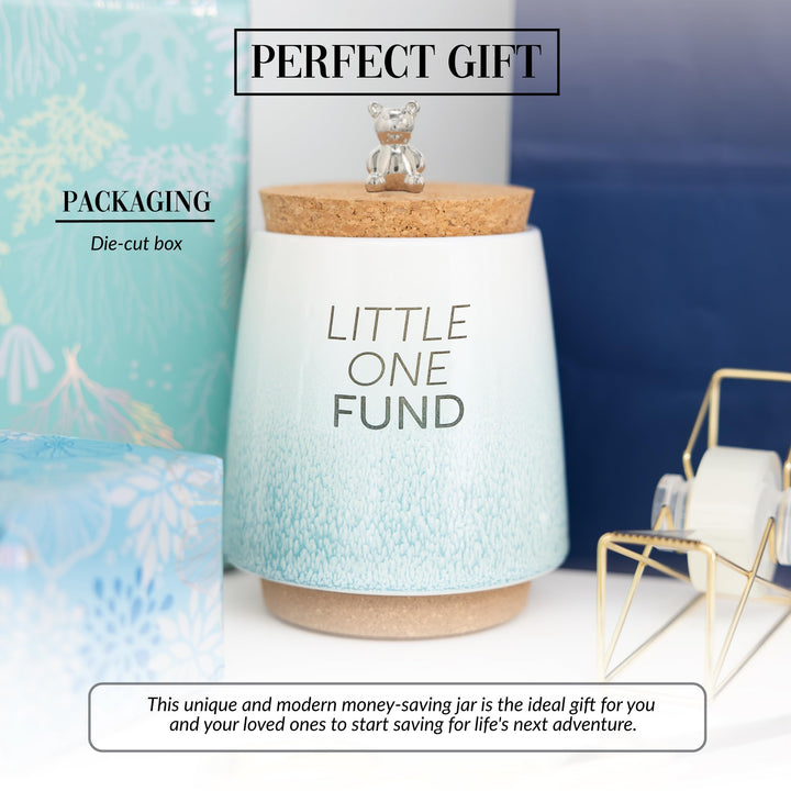 Pavilion - Baby Fund 6.5-inch Unique Ceramic Piggy Bank Savings Bank Money Jar with Cork Base and Cork Lid with hanging Teddy Bear Charm, Ombre Teal 78614