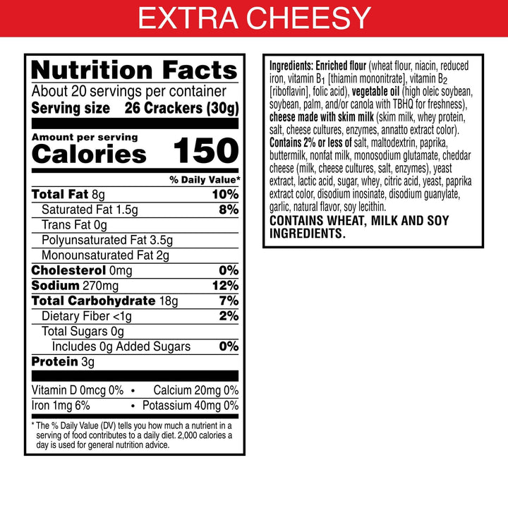 Cheez-It Cheese Crackers, Baked Snack Crackers, Lunch Snacks, Family Size, Extra Cheesy, 21oz Box (1 Box) 1.31 Pound (Pack of 1)