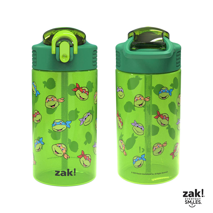 Zak Designs Teenage Mutant Ninja Turtles Kids Water Bottle For School or Travel, 16oz 2-Pack Durable Plastic Water Bottle With Straw, Handle, and Leak-Proof, Pop-Up Spout Cover (TMNT) 2 Count (Pack of 1)