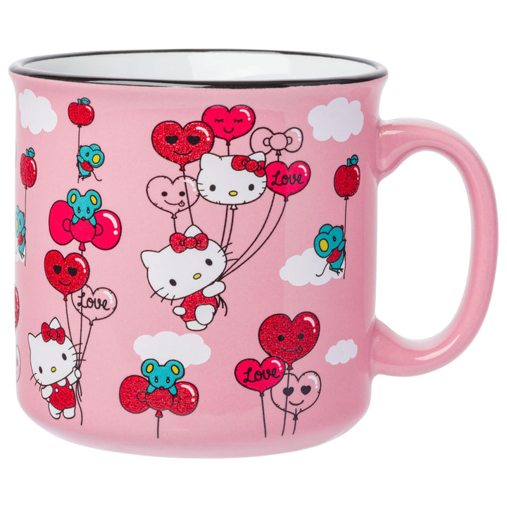 Silver Buffalo Sanrio Hello Kitty Red and Pink Heart, Bow, and Apple Balloons Glitter Pattern Featuring Joey the Mouse Ceramic Camper Mug, 20 Ounces Heart and Bow Balloons