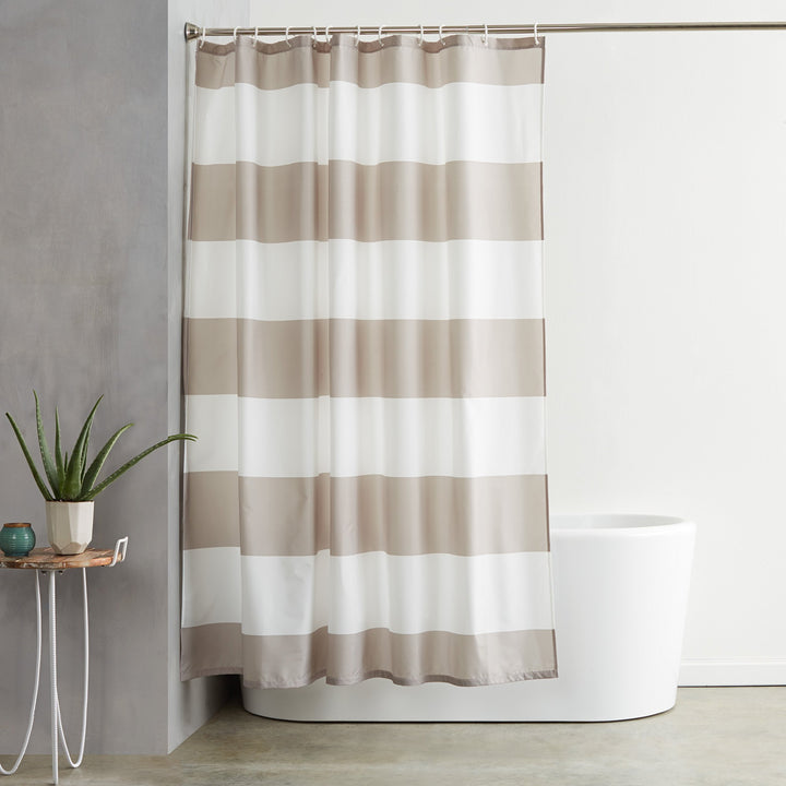 Basics Water Resistent Fabric Shower Curtain with Grommets and Hooks, Machine Washable, 72'' x 72'', Large Light Brown, Beige