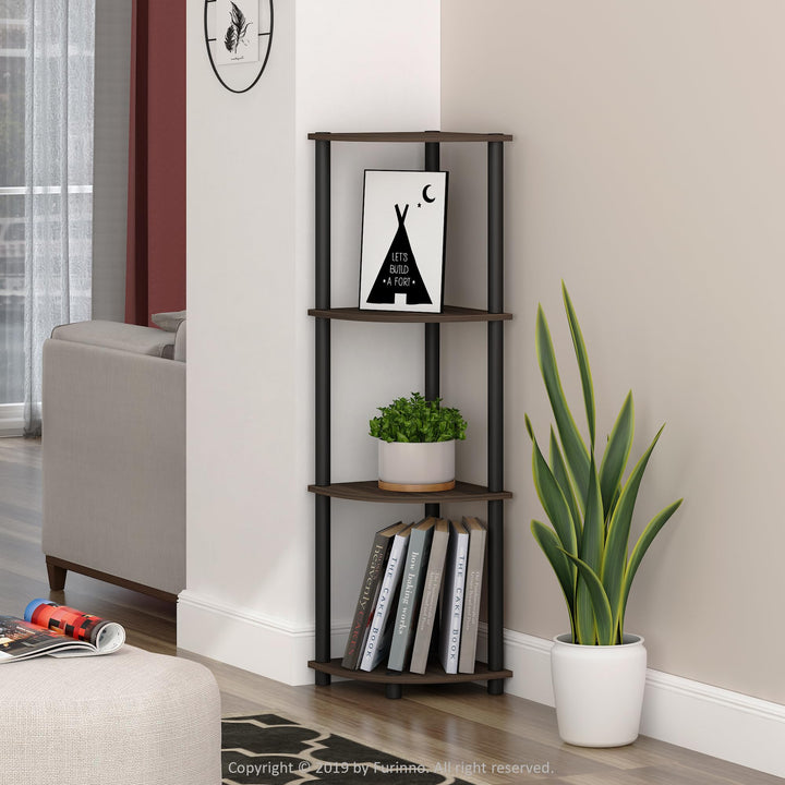 Furinno Turn-N-Tube 4-Tier Corner Display Rack Multipurpose Shelving Unit, Dark Brown Grain/Black 4-Tier Round Tube