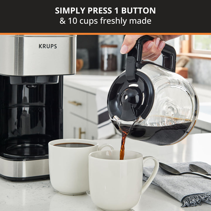 Krups Coffee Maker 10 Cups Digital Simply Brew Stainless Steel Drip Coffee Maker 900 Watts Digital Control, Coffee Filter, Drip Free, Dishwasher Safe Pot Silver and Black 10-Cup Glass & Digital