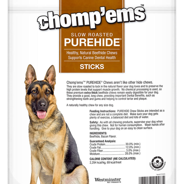 CHOMP 'EMS Purehide Chews - Slow Roasted Naturally Delicious Rawhide Dog Treats - High Protein Beef Hide - Bacon Flavor, Sticks, 8.5 Oz.