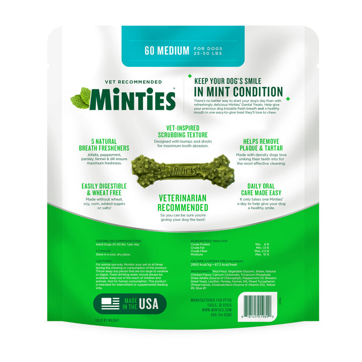 Minties Dental Chews for Dogs, 120 Count, Vet-Recommended Mint-Flavored Dental Treats for Tiny/Small Dogs 5-24 lbs, Dental Bones Clean Teeth, Fight Bad Breath, and Removes Plaque and Tartar Small Mint 48 Ounces