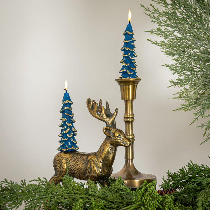 Creative Co-Op Unscented Textured Tree Shaped Taper Candles with Gold Tips in Box, Blue, Set of 2 Gold/Blue 5"