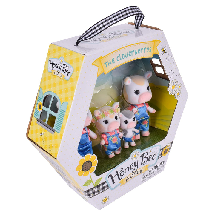 Sunny Days Entertainment Honey Bee Acres Cloverberrys Cow Family – 4 Miniature Flocked Dolls | Small Collectible Figures | Pretend Play Toys for Kids