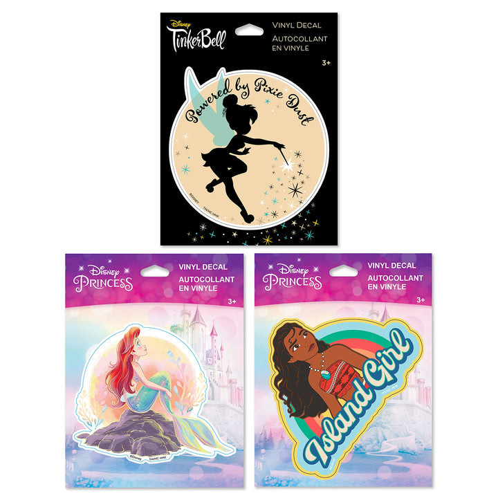 Hallmark Disney Pack of 3 Stickers for Water Bottles, Planners, Notebooks, Wall (Tinkerbell, Ariel, and Moana Decals for Kids, Teens, Adults)