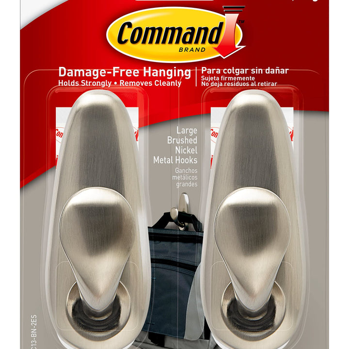 Command Forever Classic Large Metal Wall Hooks, Damage Free Hanging Wall Hooks with Adhesive Strips, No Tools Wall Hooks for Hanging Decorations in Living Spaces, 2 Metal Hooks and 4