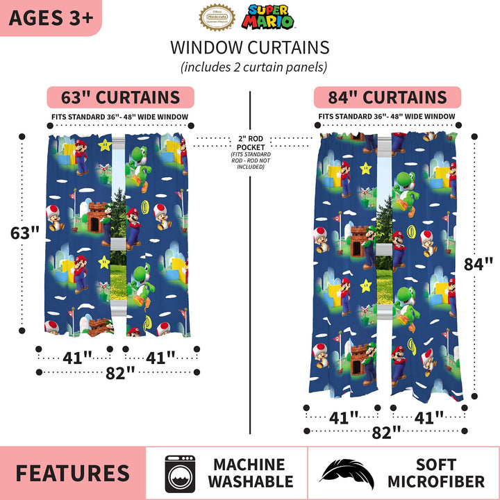 Franco Kids Room Window Curtains Drapes Set, 82 in x 84 in, Super Mario