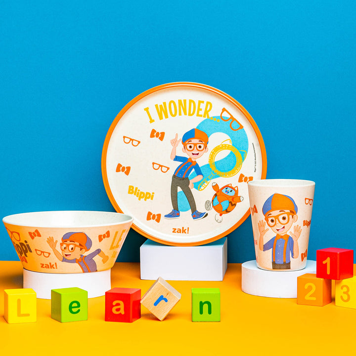 Zak Designs Blippi Kids Dinnerware Set 3 Pieces, Durable and Sustainable Melamine Bamboo Plate, Bowl, and Tumbler are Perfect For Dinner Time With Family (Blippi, TABBS) 8" Plate, 6" Bowl, 10oz Tumbler