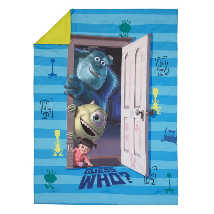 Disney Monsters Inc. Guess Who Blue and Green Sully, Mike, and Boo 4 Piece Toddler Bed Set - Comforter, Fitted Bottom Sheet, Flat Top Sheet, and Reversible Pillowcase Disney Monsters Inc.