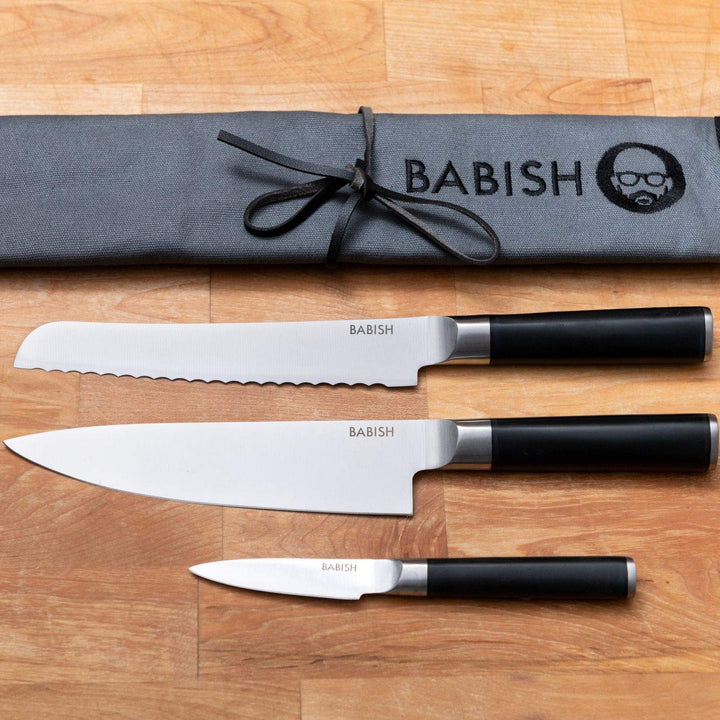 Babish German High-Carbon 1.4116 Steel Cutlery, 3-Piece (Chef Knife, Bread Knife, & Pairing Knife) w/Kitchen Knife Roll