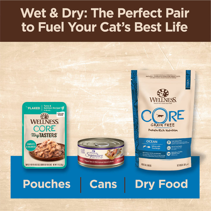 Wellness CORE Tiny Tasters Wet Cat Food, Complete & Balanced Natural Pet Food, Made with Real Meat, 1.75-Ounce Pouch, 12 Pack (Adult Cat, Flaked Tuna & Shrimp)