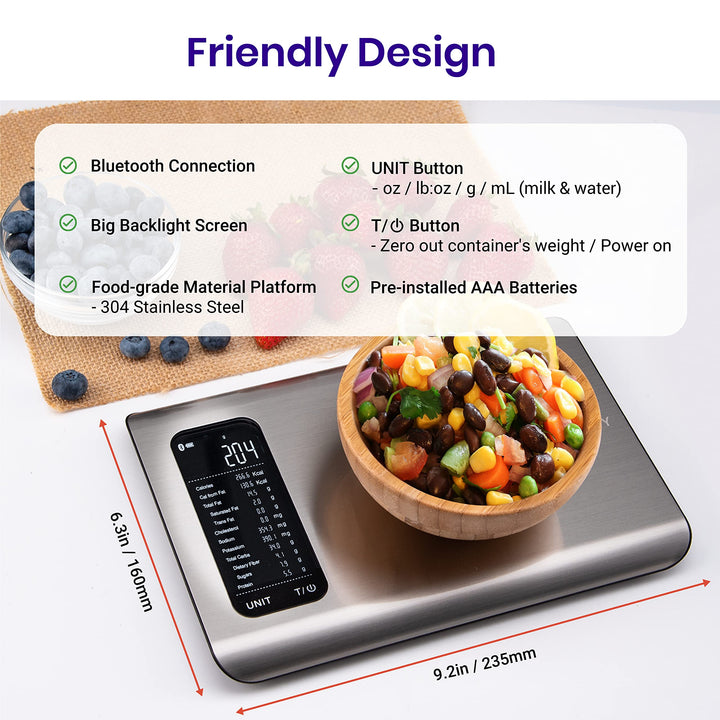 Etekcity Food Kitchen Scale, Digital Grams and Ounces for Weight Loss With Smart Nutrition App, 19 Facts Tracking, Baking, Cooking, Portion Control, Macro, Keto, 11 Pounds-Large, Stainless Steel Silver