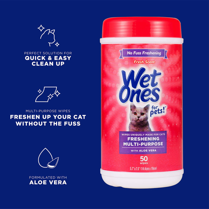 Wet Ones for Pets Freshening Multipurpose Wipes for Cats with Aloe Vera | Easy to Use Cat Cleaning Wipes, Freshening Cat Grooming Wipes for Pet Grooming in Fresh Scent| 100 ct Pouch Cat Wipes 100 Count (Pack of 1)