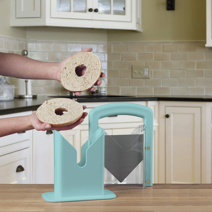 Hoan Bagel Guillotine Universal Slicer with Built In Safety Shield to Protect Fingers. Perfect for Smoothly Slicing Bagels, Buns, Muffins and More, Non Stick. 9.25 inch, Aqua Sky