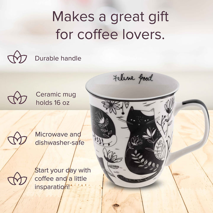 Karma Gifts 16 oz Black and White Boho Mug Cat - Cute Coffee and Tea Mug - Ceramic Coffee Mugs for Women and Men 16 Ounces