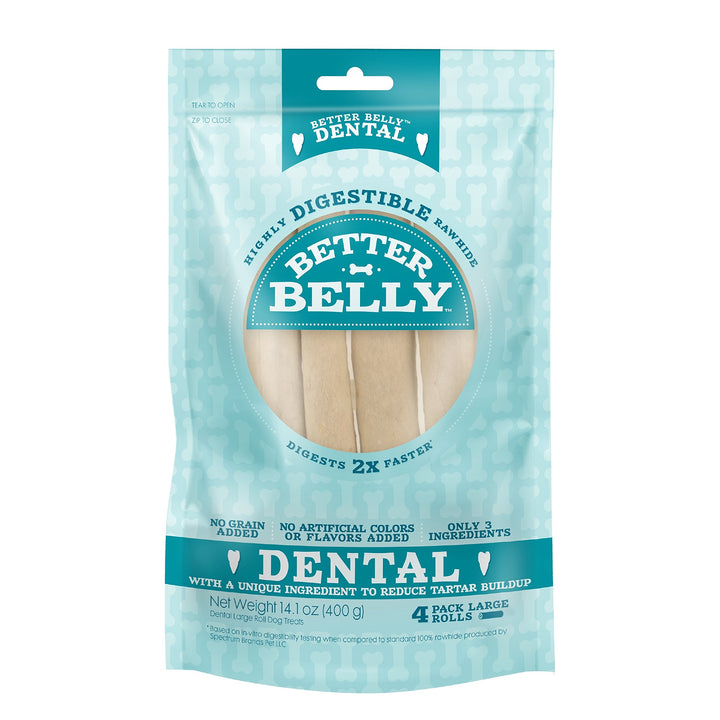 Better Belly Dental Large Rolls, Highly Digestible Rawhide, Reduces Tartar Buildup, 4 Count 4 Count (Pack of 1)