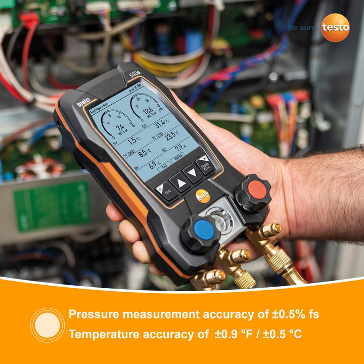 Testo 550s AC Manifold Gauge Set – Manifold Gauges Hvac and Refrigeration – Incl. 2x testo 115i Pipe Clamp Thermometer, 1x testo 552i Micron Gauge - AC Recharge Kit, AC Gauge Set with Bluetooth Vacuum Kit Digital Manifold