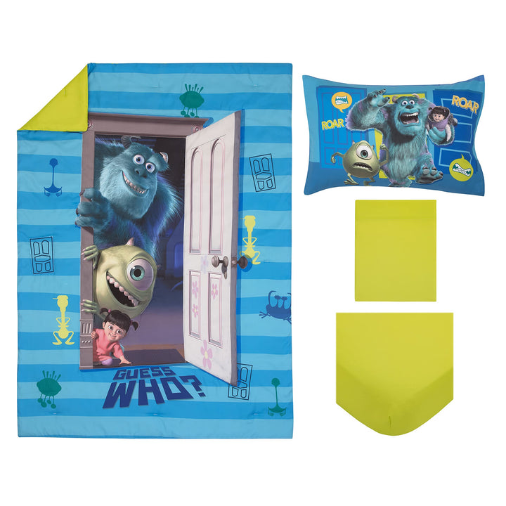 Disney Monsters Inc. Guess Who Blue and Green Sully, Mike, and Boo 4 Piece Toddler Bed Set - Comforter, Fitted Bottom Sheet, Flat Top Sheet, and Reversible Pillowcase Disney Monsters Inc.