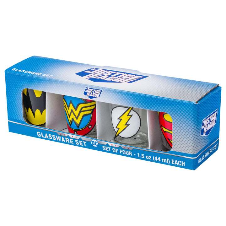 Silver Buffalo DC Comics Superhero Logos Mini Glasses 4 Pack Featuring Flash, Superman, Wonder Woman, and Batman, 1.5 Ounces Comics Sketch Logos