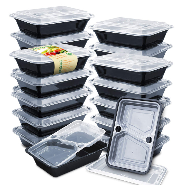 Enther 36oz Meal Prep Containers 20 Pack 3 Compartment with Removable Insert Tray 2 Tier Food Storage Bento Box with Lid, BPA Free Reusable Lunch Box Stackable/Microwave/Dishwasher/Freezer Safe Black 20 Pack 3 Compartment with Tray