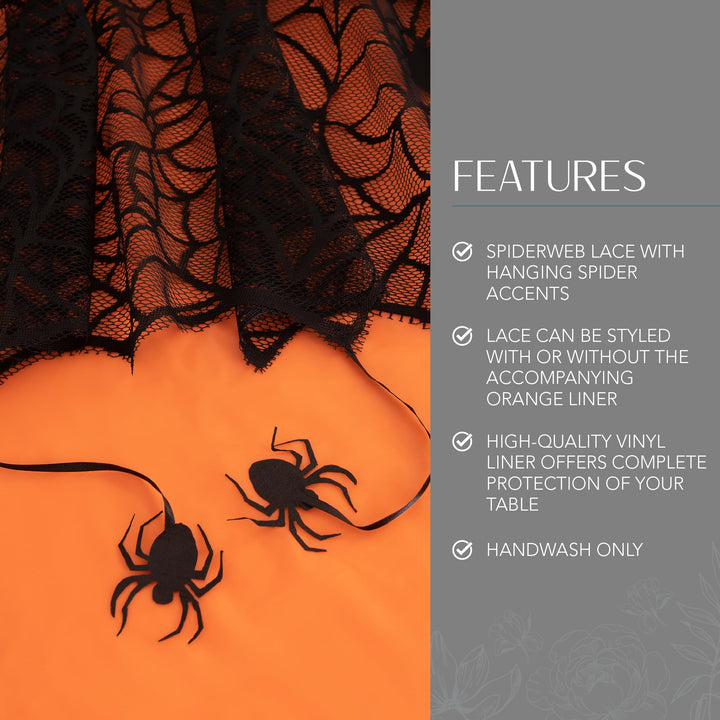 Elrene Home Fashions Crawling Spider Halloween Tablecloth Lace Lined with Removable Orange Plastic Liner, 60" x 84" Rectangle, Orange & Black Tablecloth (1) 60 in x 84 in