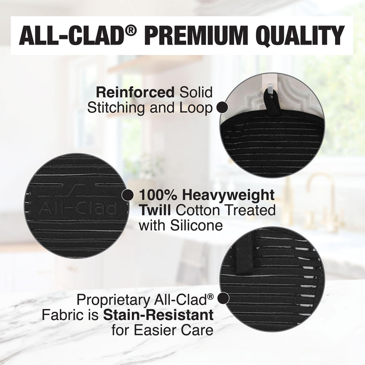 All-Clad Premium Pot Holder & Heating Pad, (2-Pack) Heat Resistant to 500 Degrees, 100% Cotton 10"x6.25" for Kitchen and Barbeque, Black 2 Pack