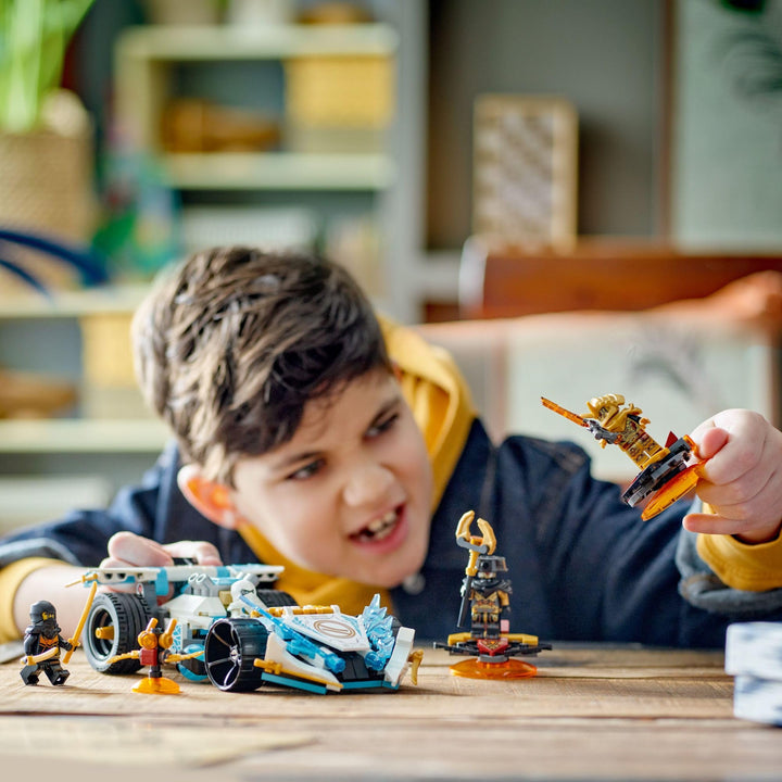 LEGO NINJAGO Zane’s Dragon Power Spinjitzu Race Car 71791 Building Toy Set, Features a Ninja Car, 2 Hover Flyers, Dragon Toy, and 4 Minifigures, Gift for Kids Aged 7+ Blue