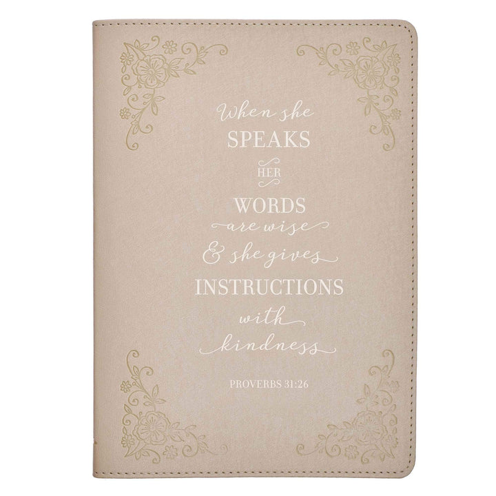 When She Speaks Proverbs 31 Woman Bible Verse Ivory Faux Leather Journal Inspirational Notebook w/Ribbon Marker and Lined Pages, 6 x 8.5 Inches