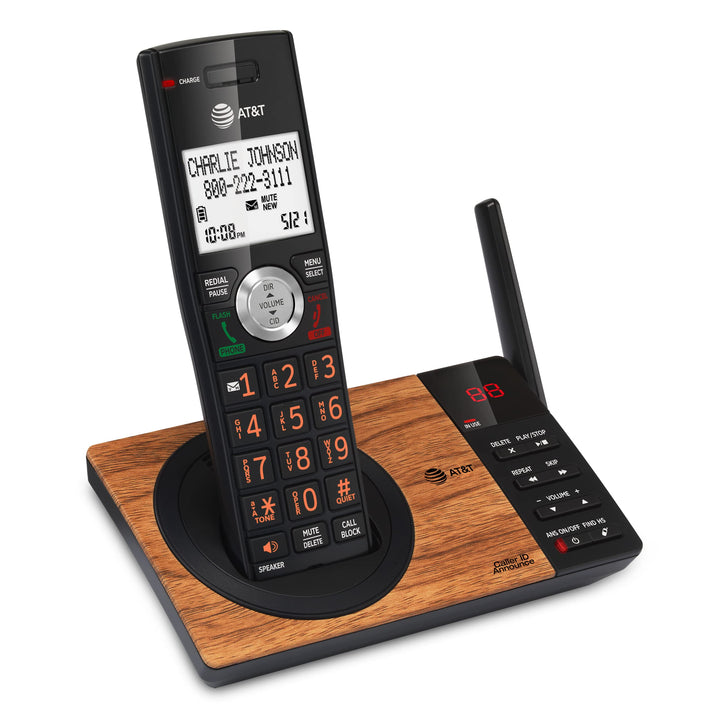 AT&T CL82167 Cordless Phone with Answering Machine, Call Blocking, Caller ID Announcer, Intercom and Long Range, Black & Wood Grain Finish Black/Wood Grain Finish 1 Handset