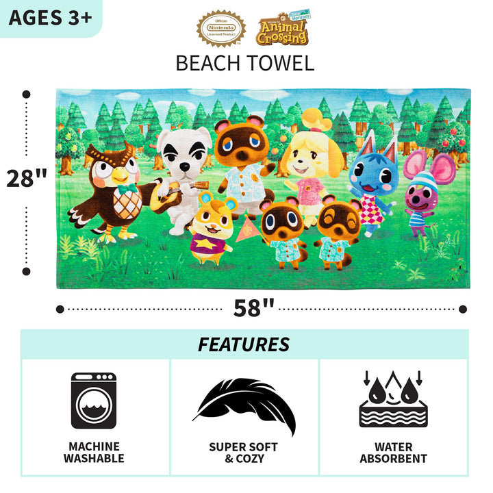 Franco Kids Super Soft Cotton Bath/Pool/Beach Towel, 58 in x 28 in, Animal Crossing