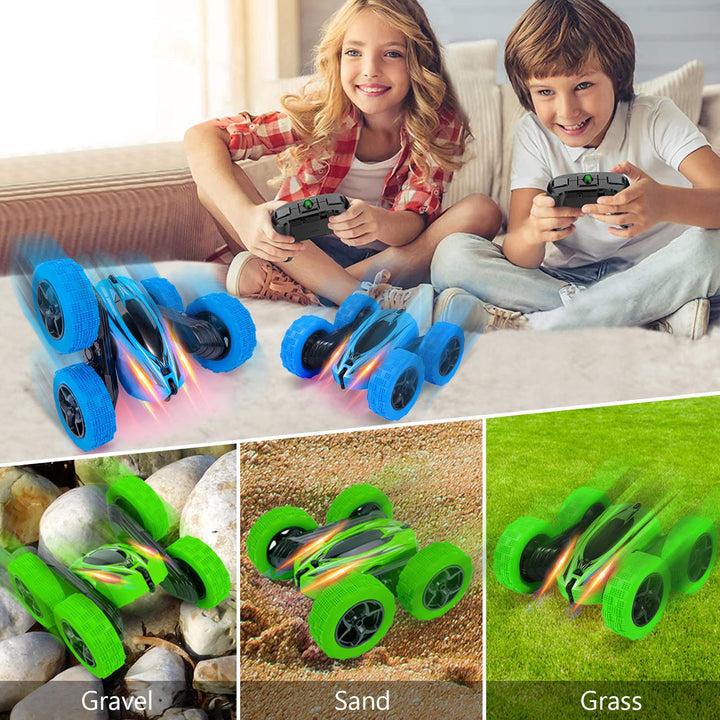 3-Pack RC Stunt Car for Kids - 360 Rotating 4WD Off-Road Double Sided Tumbling, Includes 6 Rechargeable Batteries (Blue, Green, Red)