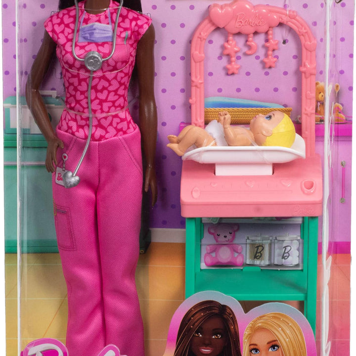 Barbie Baby Doctor Doll with Brunette Fashion Doll Wearing Pink Scrubs, 1 Baby Doll with Baby Accessories & Furniture