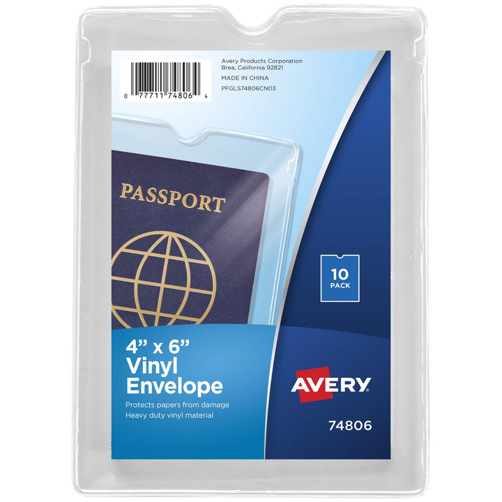 Avery File Envelopes, 4" x 6" Passport Holder, Holds up to 30 Sheets, 10 Clear Vinyl Envelopes (74806)