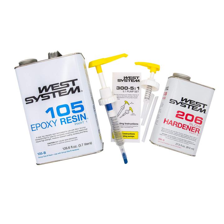 West System 105-B Epoxy Resin Bundle with 206-B Slow Epoxy Hardener and 300 Mini Pumps Epoxy Metering Pump Set, Pale Yellow & Roller Cover (2/PK) Epoxy Resin Bundle + Roller Cover