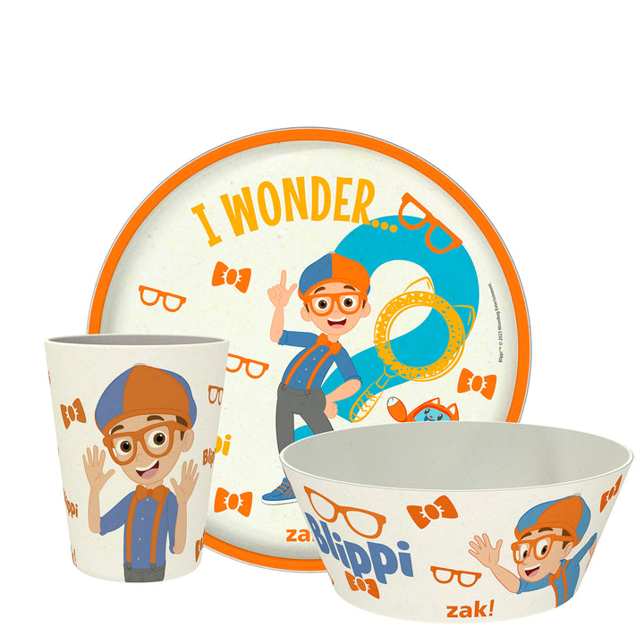 Zak Designs Blippi Kids Dinnerware Set 3 Pieces, Durable and Sustainable Melamine Bamboo Plate, Bowl, and Tumbler are Perfect For Dinner Time With Family (Blippi, TABBS) 8" Plate, 6" Bowl, 10oz Tumbler