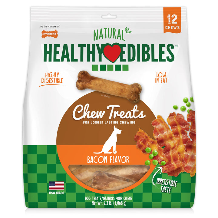 Nylabone Healthy Edibles Natural Dog Chews Long Lasting Bacon Flavor Treats for Dogs, Medium/Wolf (12 Count) 12 Count (Pack of 1)