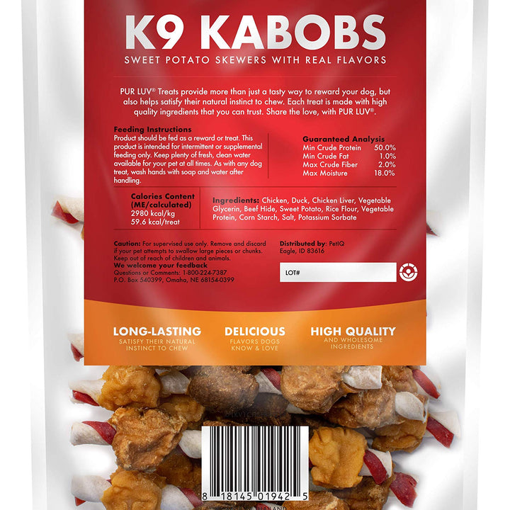 Dog Treats, K9 Kabobs for Dogs Made with Real Chicken, Duck, and Sweet Potato, 12 Ounces, Healthy, Easily Digestible, Long-Lasting, High Protein Dog Treat, Satisfies Dog's Urge to Chew Chicken / Duck / Sweet Potato Kabob