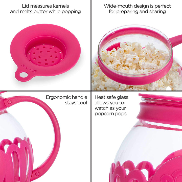 Ecolution Patented Micro-Pop Microwave Popcorn Popper with Temperature Safe Glass, 3-in-1 Lid Measures Kernels and Melts Butter, Made Without BPA, Dishwasher Safe, 1.5-Quart, Pink 1.5-Quart Snack Size Hot Pink