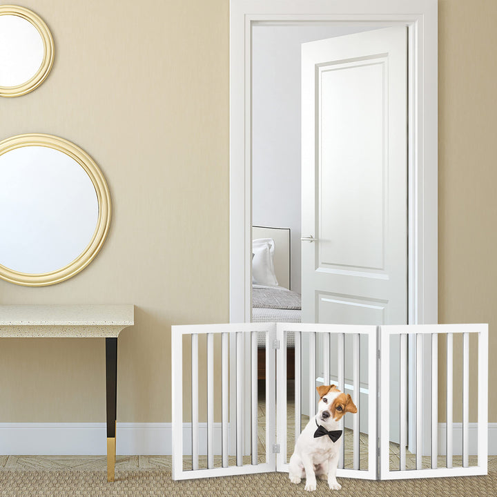 Pet Gate - 3-Panel Indoor Foldable Dog Fence for Stairs, Hallways, or Doorways - 55x24-Inch Retractable Freestanding Dog Gates by PETMAKER (White) 3 Panel Modern White