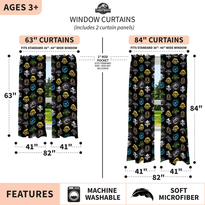 Franco Kids Room Window Curtains Drapes Set, 82 in x 63 in, Jurassic World