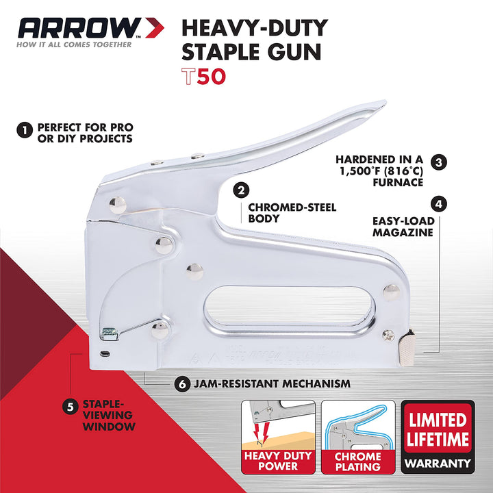 Arrow T50 Heavy Duty Staple Gun for Upholstery, Wood, Crafts, DIY and Professional Uses, Manual Stapler Uses 1/4, 5/16, 3/8", 1/2", or 9/16 Staples