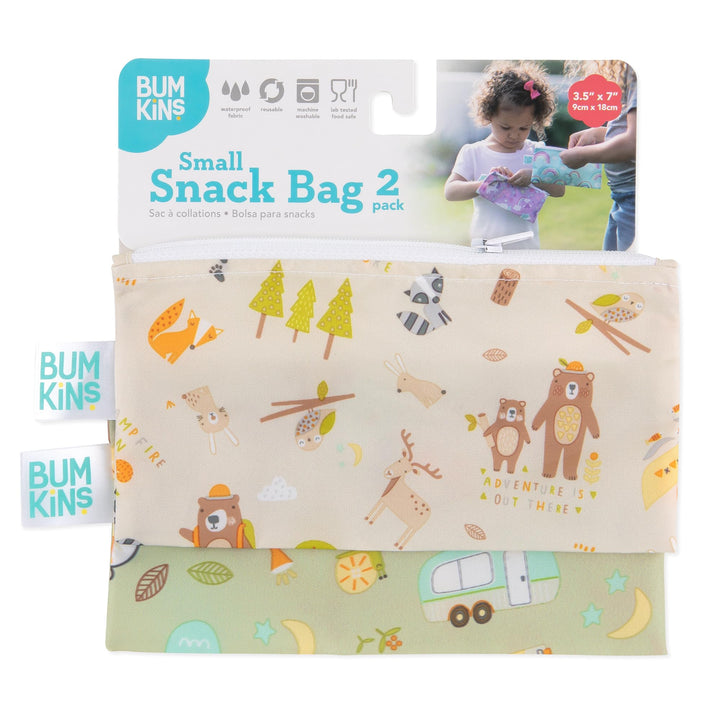 Bumkins Reusable Snack Bags, for Kids School Lunch and for Adults Portion, Washable Fabric, Waterproof Cloth Zip Bag, Supplies Travel Pouch, Food-Safe, 2-pk Camp Friends and Gear