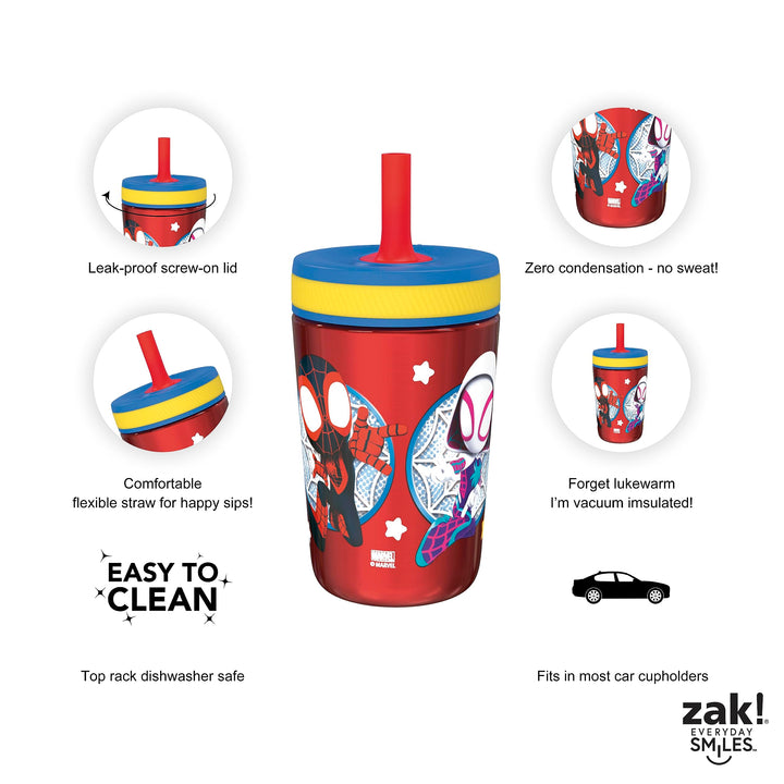 Zak Designs Spidey and His Amazing Friends Kelso Tumbler Set, Leak-Proof Screw-On Lid with Straw, Bundle for Kids Includes Plastic and Stainless Steel Cups with Bonus Sipper, 3pc Set, Non-BPA Classic