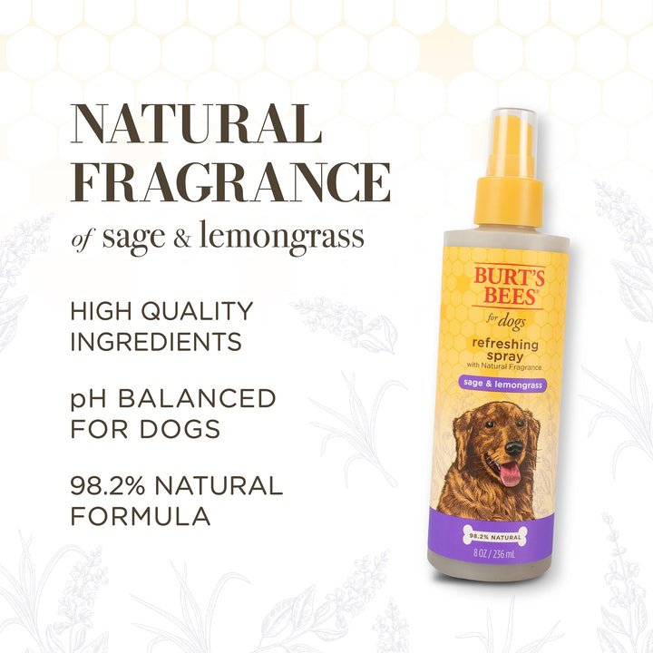Burt's Bees for Pets Natural Deodorizing Spray for Dogs with Lemongrass and Sage | Eliminates Dog Odors | pH Balanced for Dogs, Free from Sulfated, Colorants, and Parabens - Made in USA Sage & Lemongrass 8 Fl Oz (Pack of 1)